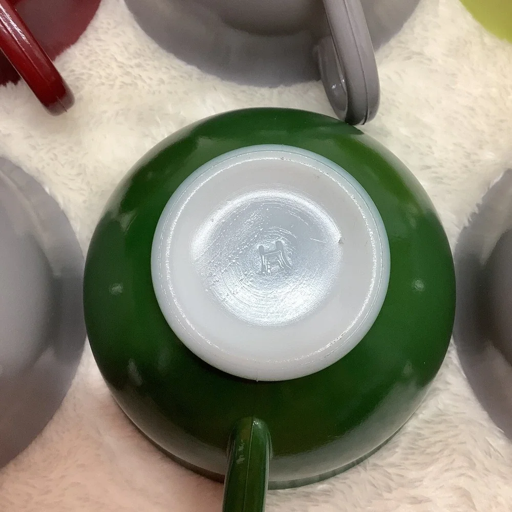 Hazel Atlas Ovide Platonite 6 Vintage Milk Glass Tea Cup Red Yellow Green Gray